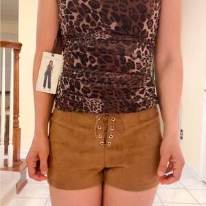 Women’s Lace-Up Suede-Look Brown Shorts